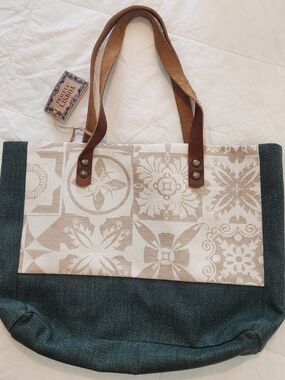 Canvas Tote Bag with Patterned Panel and Brown Leather Straps - Beige & Green